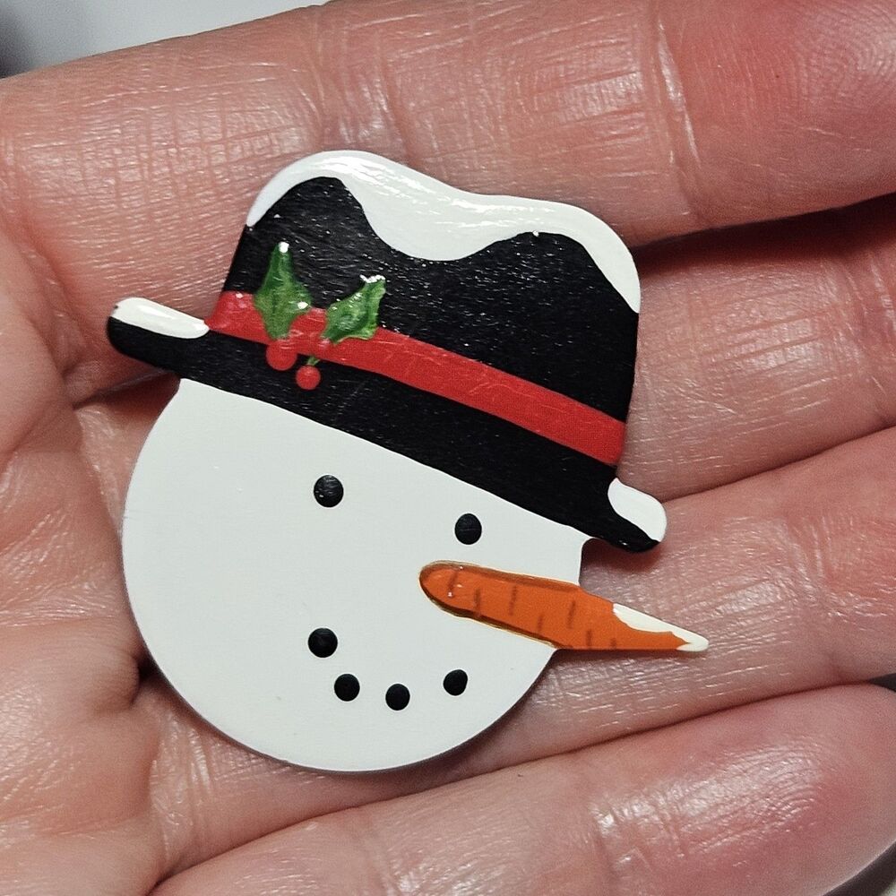 Signed Handmade Vintage Painted Metal Snowman Brooch